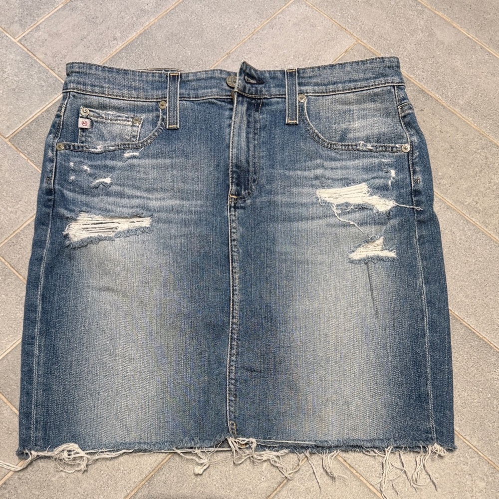 AG Erin Washed Blue Distressed Denim pencil skirt